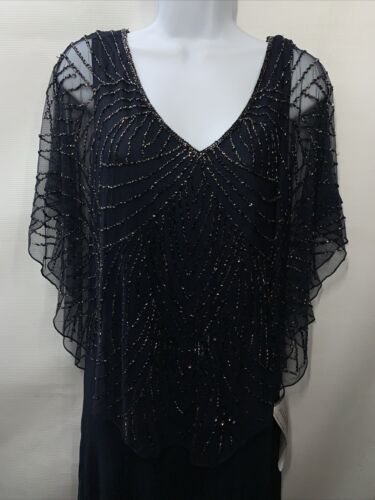 J Kara Women's Petite Beaded Capelet Long Dress Navy Blue Size 8 Sleeveless