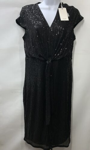 GRACE KARIN Sequin Sparkly Dresses  Glitter Front Tie Cap Sleeves Size L Black