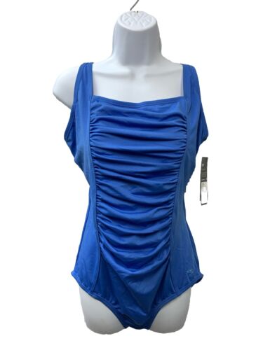 Speedo Swimsuit Women Blue Endurance One Piece Square Neck Shirred Stretch Sz 12