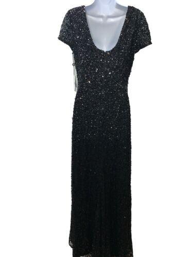 Adrianna Papell Size 8 Short Sleeve All Over Sequin Scoop Back Gown Dress Black