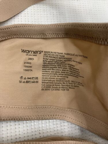 Warners Bra 38D 01593-212 Underwire No Digging Beige Full Coverage Lightly Lined