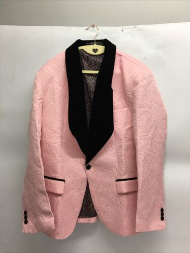 YFFUSHI Men's Jacquard Tuxedo 3 Piece Suit Slim Fit One Button Shawl Collar Pink