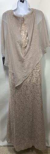 S.L. Fashions Long Length Sequin Lace Beaded Capelet Dress Buff 9113121 Size 12