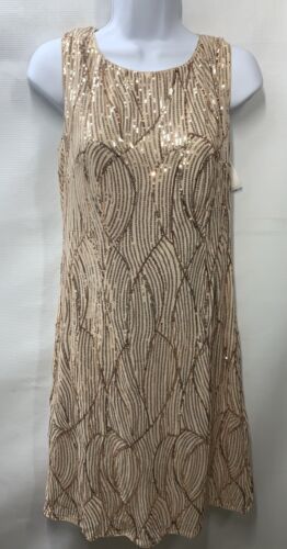 Grace Karin Soft Gold Shimmering Sequin Pattern Dress Medium Zip Back Sleeveless