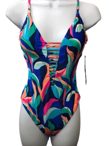 La Blanca Painted Plunge Mio Swimwear One-Piece Women's Swimsuit Size 4 LB3ZP09