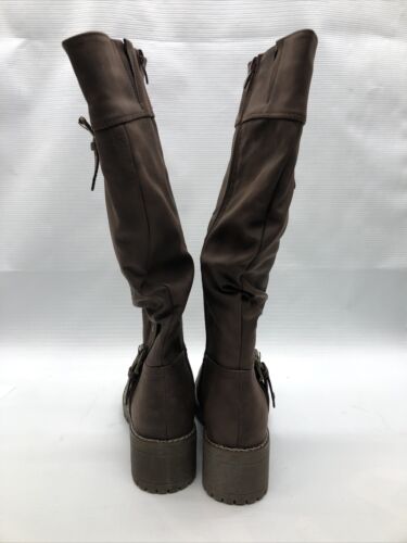 Global Win Brown Knee High Riding Boots Chunky Low Heels For Women Size 7 US