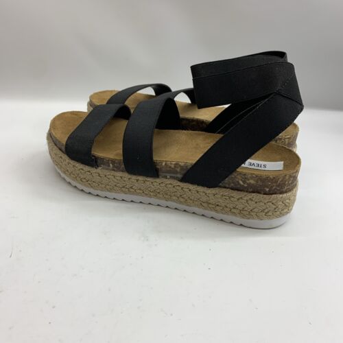 Steve Madden Sandals Womens 10 Bandi Strappy Ankle Strap Wedge Heel Black Fabric