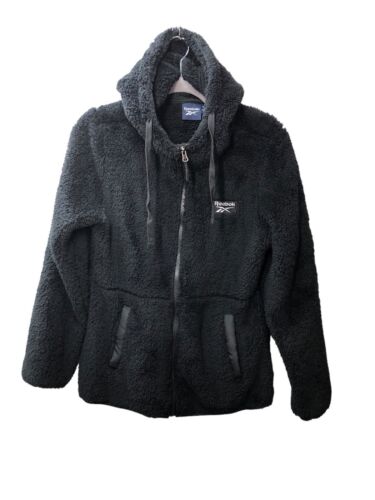 Reebok Womens Small Sherpa Fleece Jacket Full Zip With Hood Black Long Sleeve