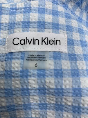 Calvin Klein Size 6 Blue Gingham Sleeveless Front Knot Midi Dress Ruffle V-neck