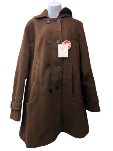 Women's Warm Wool Pea Coat Trench Coat Jacket Long Sleeve with Hood Brown Large