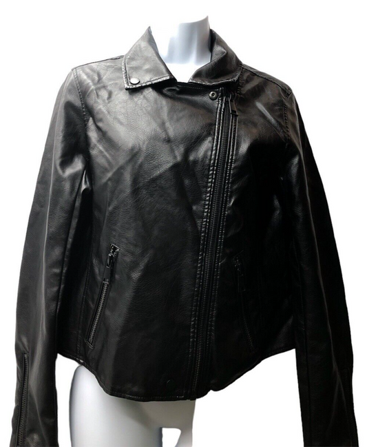 ANTHROPOLOGIE Faux Leather Moto Jacket Women's XS Black Long Sleeve with Pockets