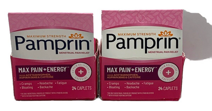 Lot of 2 Pamprin Menstrual Pain + Energy Relief 24 Caplets Each Cramps Bloating