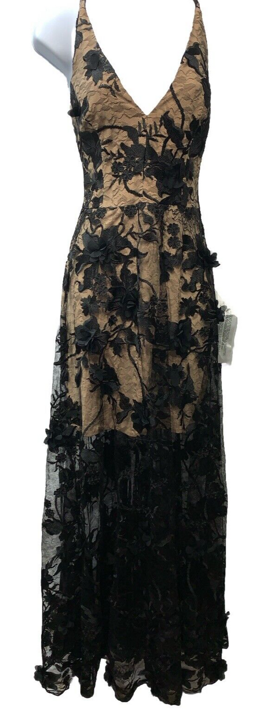 Dress the Population Plunging Gown Sleeveless Floral Dress Black/Nude - Medium