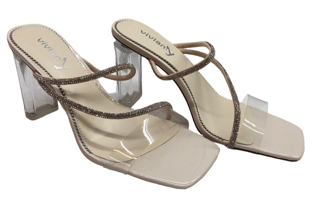 vivianly Womens Square Toe Clear Rhinestone Strappy Heeled Sandals Size 7 Cream