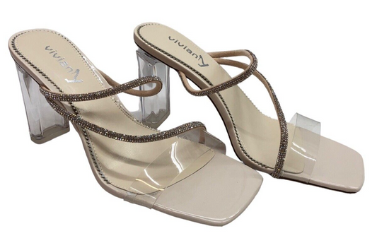 vivianly Womens Square Toe Clear Rhinestone Strappy Heeled Sandals Size 7 Cream