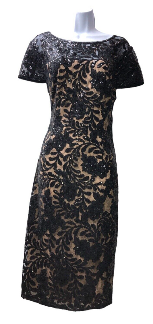 Alex Evenings Knee Length Floral Embroidered Cocktail Sheath Dress Nude/Black 14