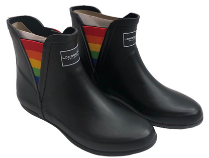 London Fog Piccadilly Rain Boots Women's Size 8M Black Rainbow Rubber Upper