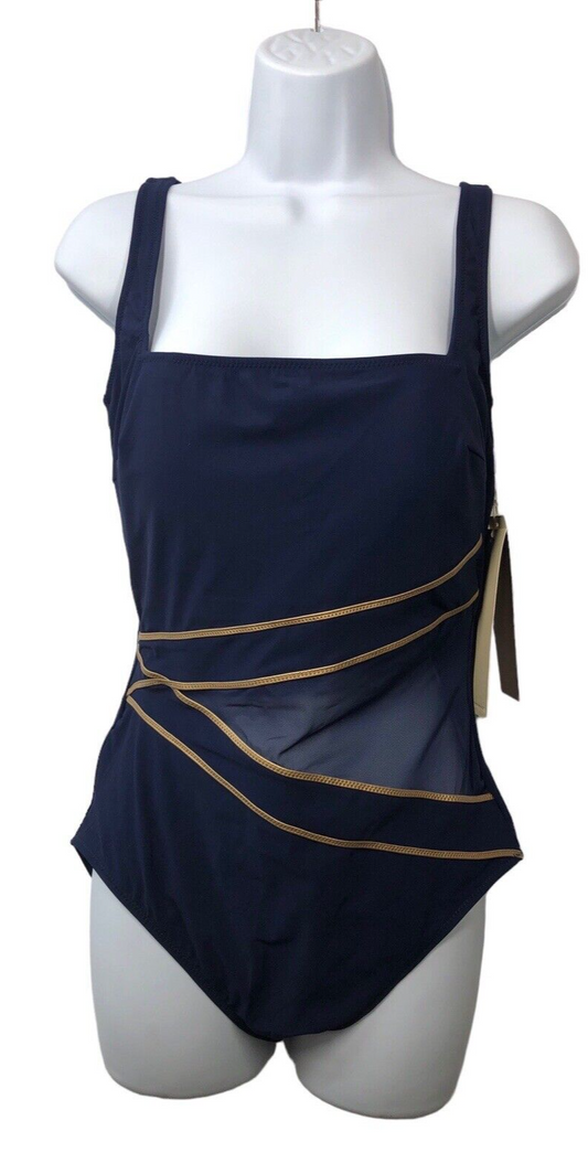 Gottex Womens Standard Onyx Stripe Square Neck One Piece Swimsuit Navy Gold - 12