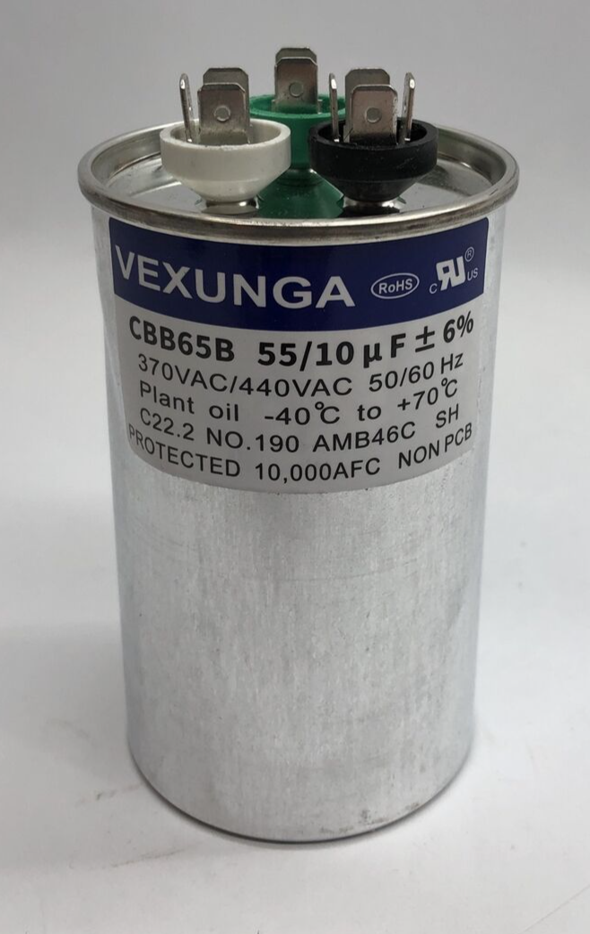 CBB65B Vexunga Dual Run Capacitor 50/10 MFD +/- 6% 370V/440VAC 50/60Hz Non-PCB