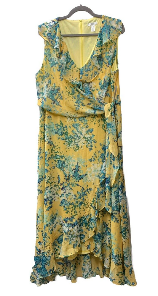 London Times Women's Soft and Flowy Feminine Ruffle Hi-Low Faux Wrap Maxi 16W