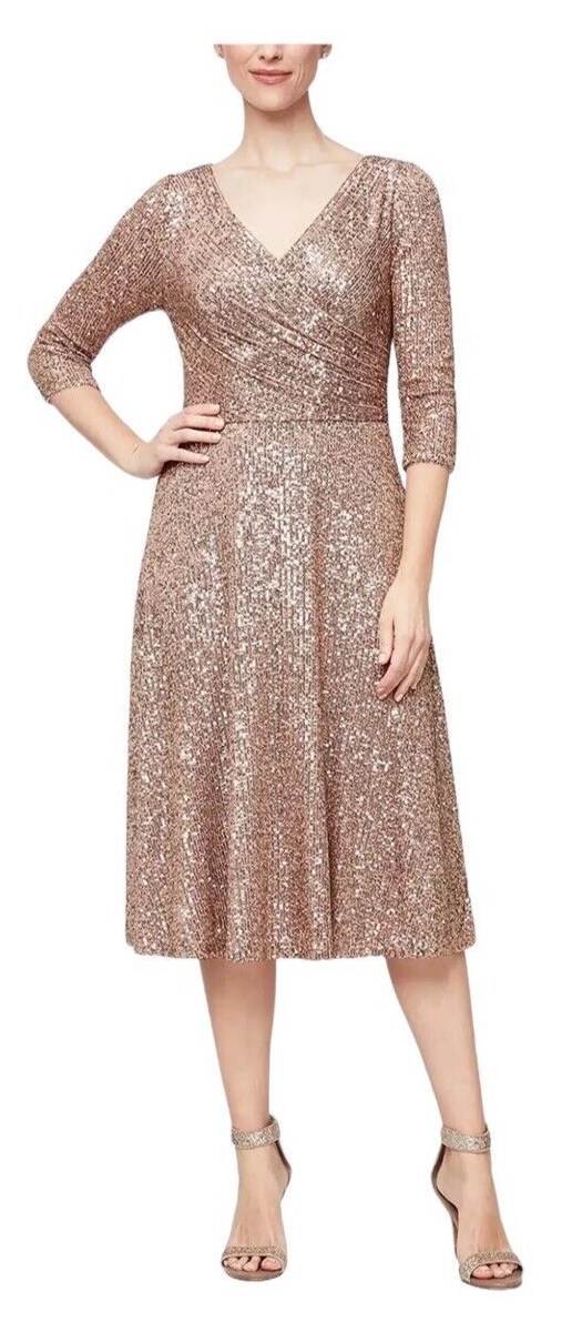 Alex Evenings Women's Dress Size 3/4 Sleeve Sequin A Line Gold Sequin Size 12P