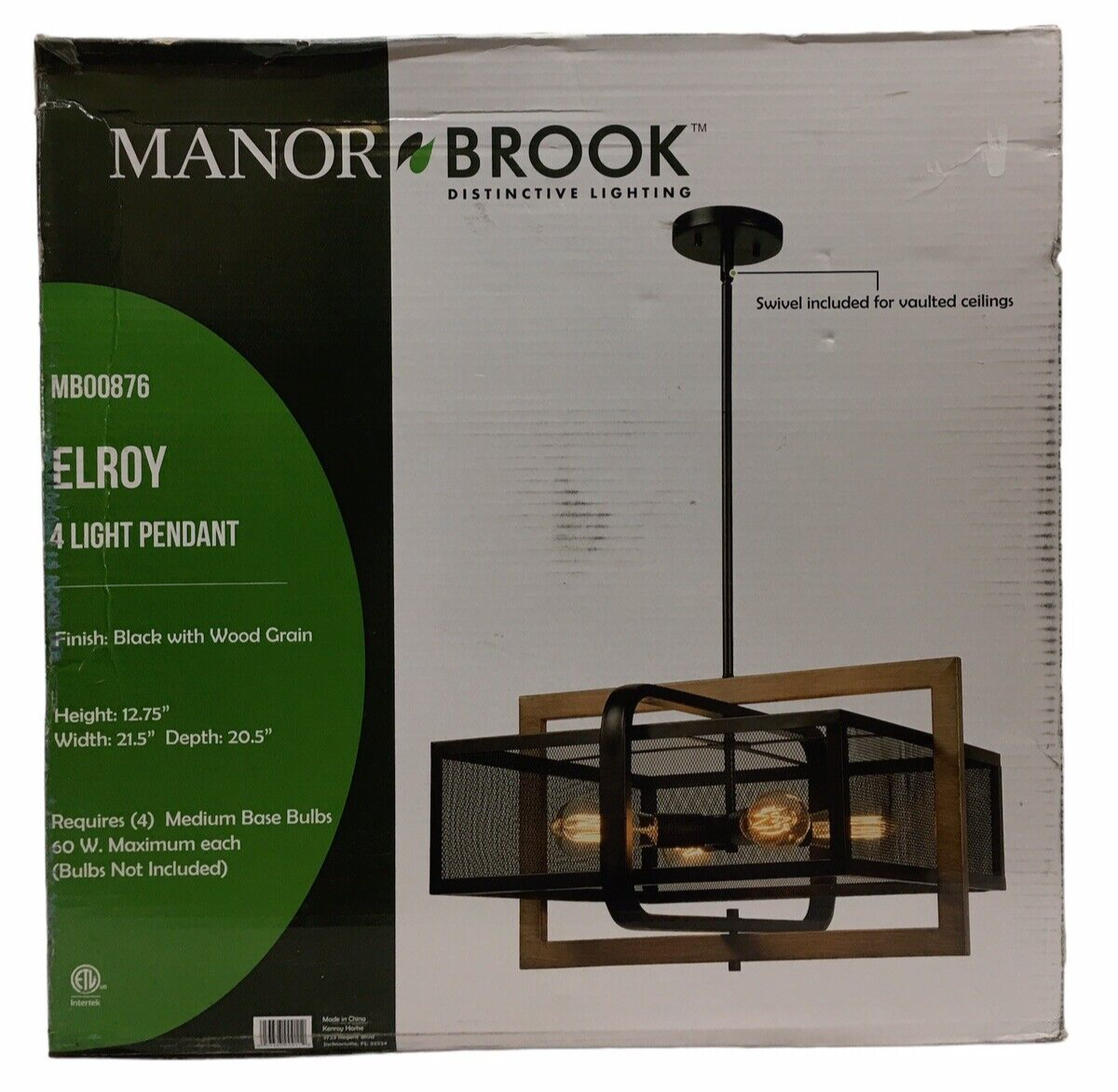 Manor Brook Elroy MB00876 4-Light Black and Wood Grain Pendant 12.75" H 21.5" W