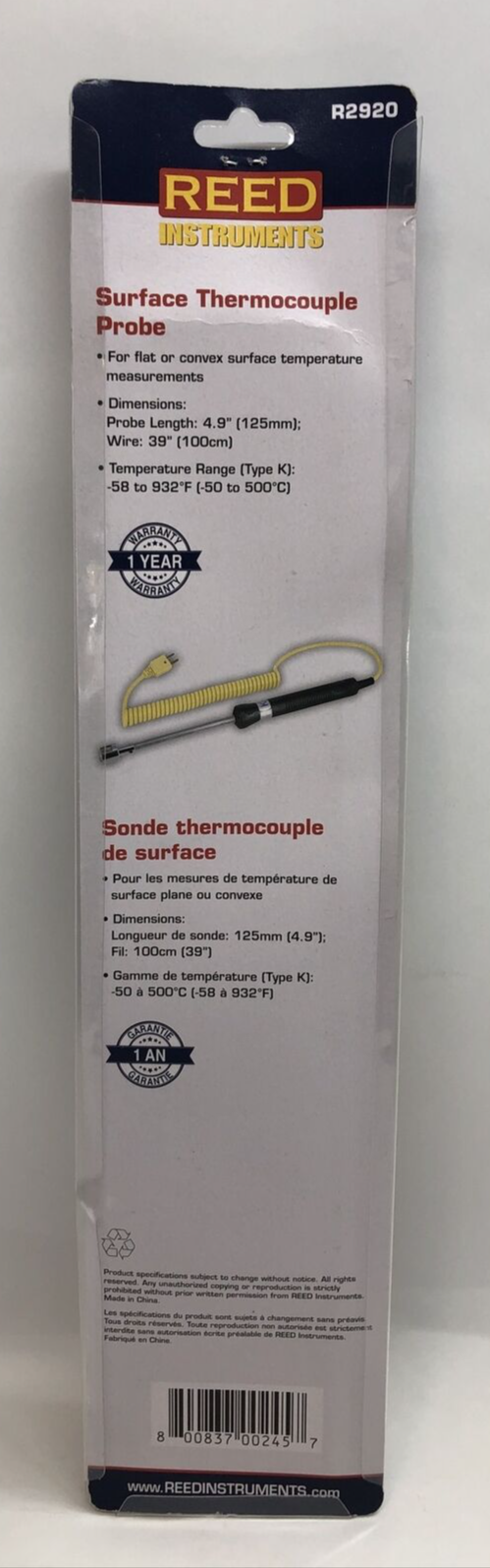 REED Instruments R2920 Surface Thermocouple Probe, Type K, -58 to 932°F (-50 ...