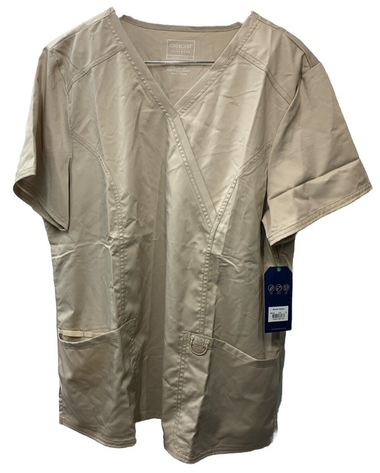 Cherokee Workwear Scrub Mock Wrap Top Shirt WW610 KAK Khaki Short Sleeve Size XL