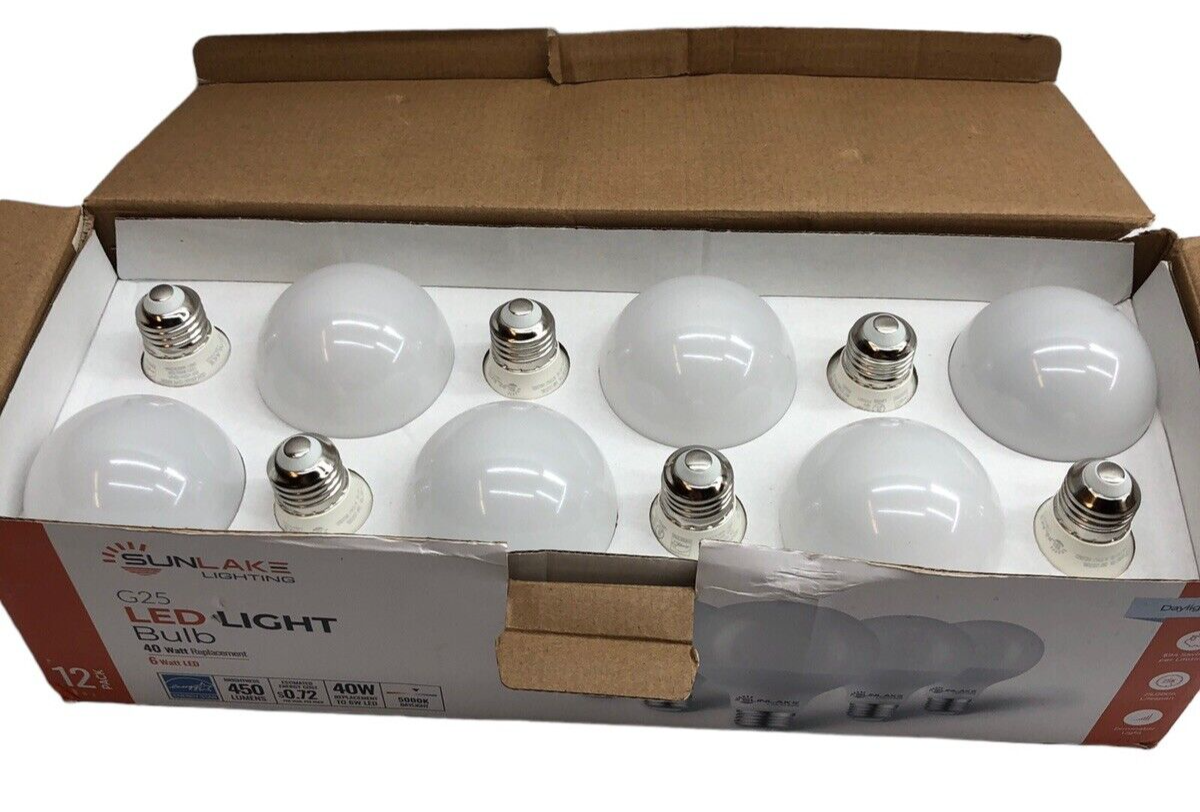 SunLake 10 Pack G25 Light Bulbs 40 Watt Equivalent, 4000K Cool White Dimmable