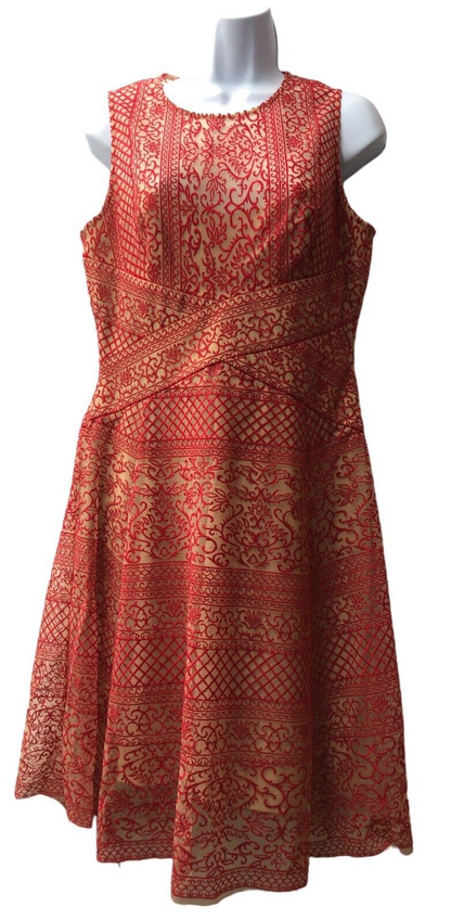 BCBG MaxAzria Red/Tan "Alice" Sleeveless Lace Embroidered Dress Womens Size 8