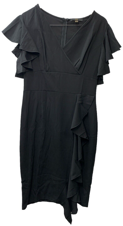 Knitee Women Deep V Neck Ruffle Sleeve Sheath Casual Cocktail Party Size L Black