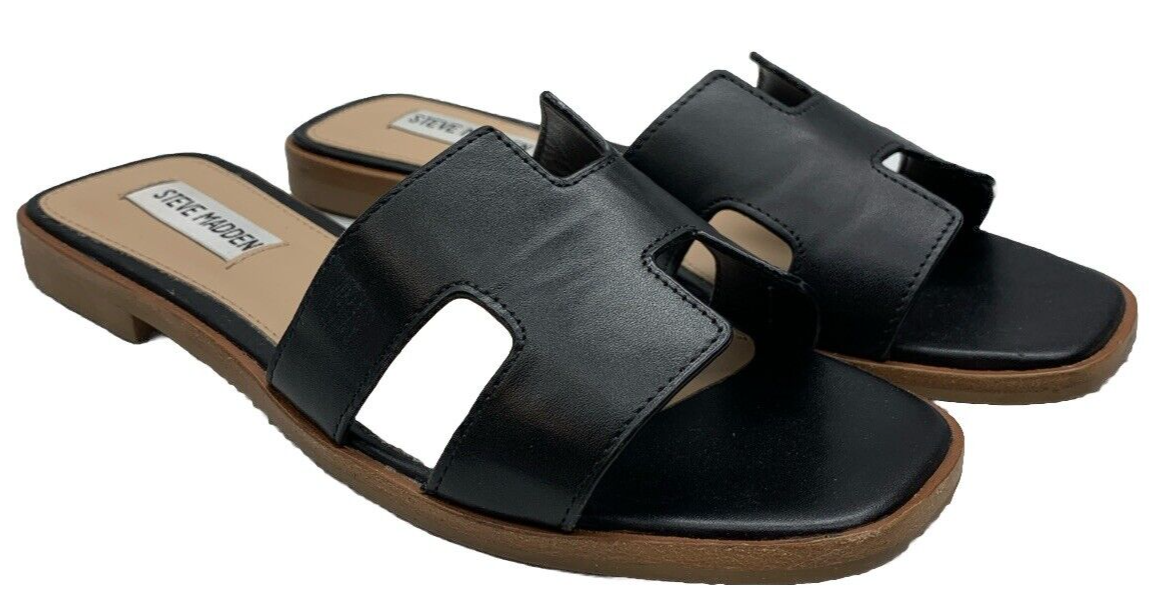 Steve Madden Hayden Sandals Open Toe Black Leather Women's Slip-on Size 7.5