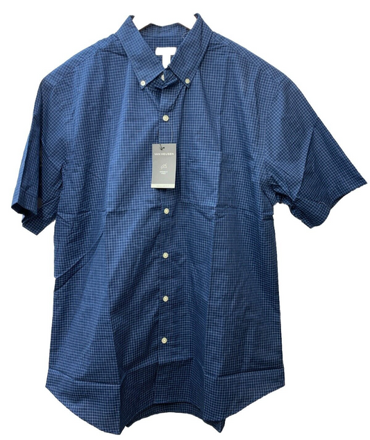 Van Heusen Men's Wrinkle Free Short Sleeve Button Down Check Shirt Size L Blue