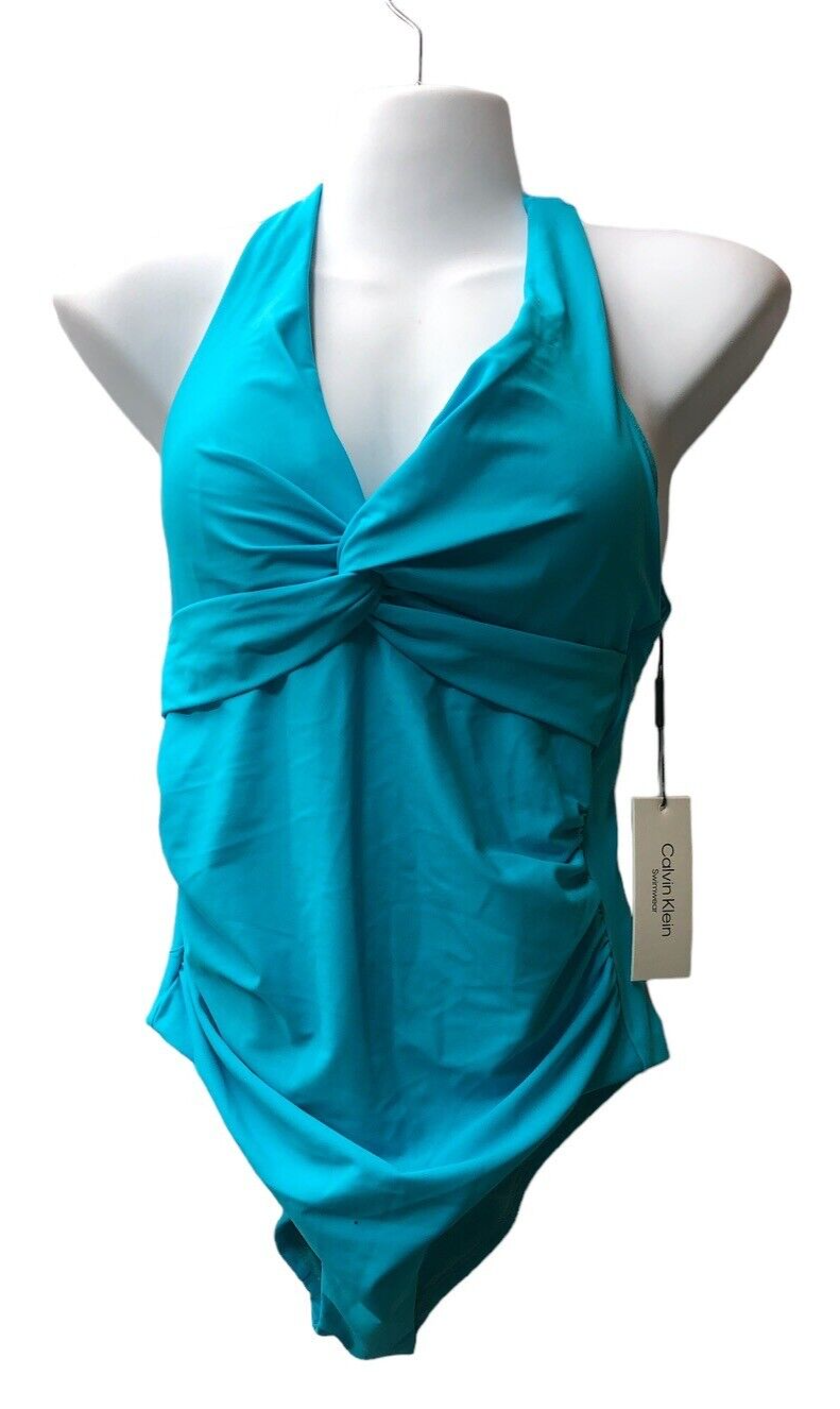 Calvin Klein Standard V-Neckline Shirred Front Strappy One Piece Size 8 Blue