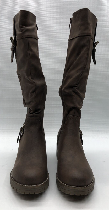 Global Win Brown Knee High Riding Boots Chunky Low Heels For Women Size 7 US