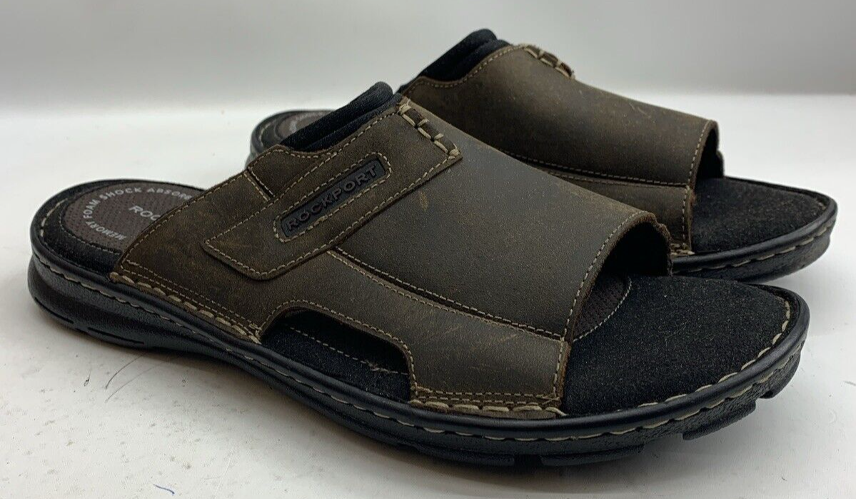 Men's Rockport Darwyn Leather Slide 2 Sandal, Brown Men's 10 Open Toe Slip-on