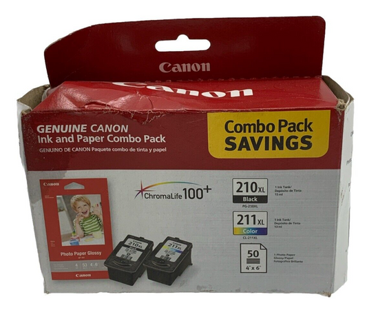 Genuine Canon PG 210XL Black & CL 211XL Color Ink Cartridges & 50 Photo Paper