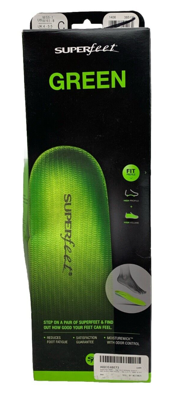 Superfeet Green Support High Arch Insole Insert C (5.5-7 Men / 6.5-8 Women)