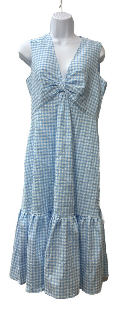 Calvin Klein Size 6 Blue Gingham Sleeveless Front Knot Midi Dress Ruffle V-neck