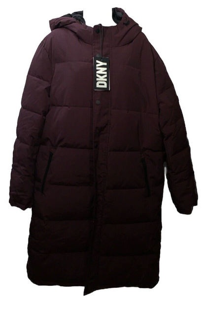 DKNY Men's Arctic Cloth Hooded Extra Long Parka Jacket Large Plum Long Sleeve