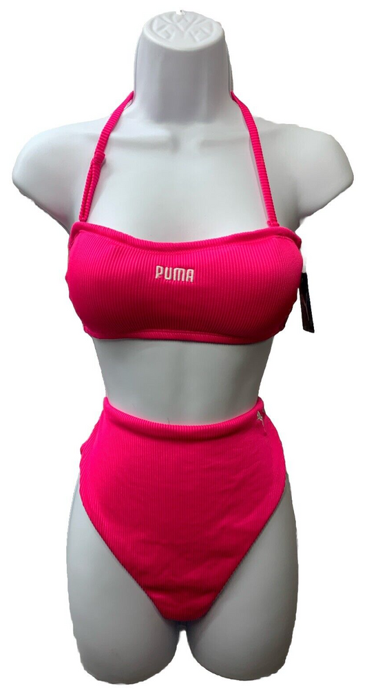 PUMA Women's Bandeau Ribbed Bikini Top & Bottom 2 Piece Swimwear Set Pink Size S