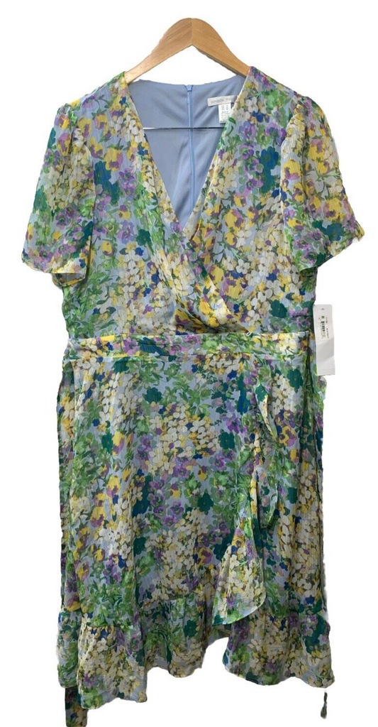 London Times Chiffon Faux Casual Wrap Dress Women's Floral Green T7318M Size 16