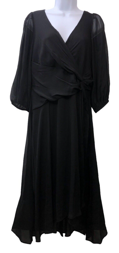 DKNY Women's Pleated Faux Wrap Dress Black Size 10 Chiffon Midi 3/4 Sleeves