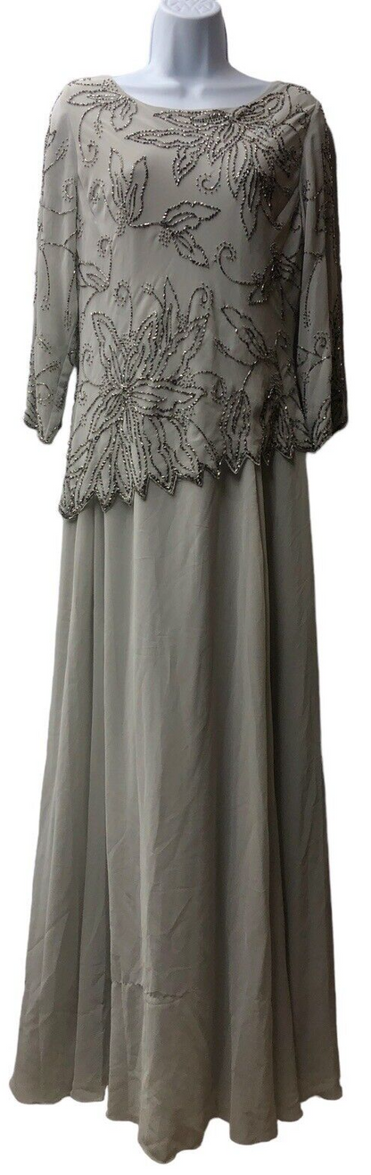 J Kara Women's 3/4 Floral Beaded Pop Over Gown Silver/Mercury 14W Full Length