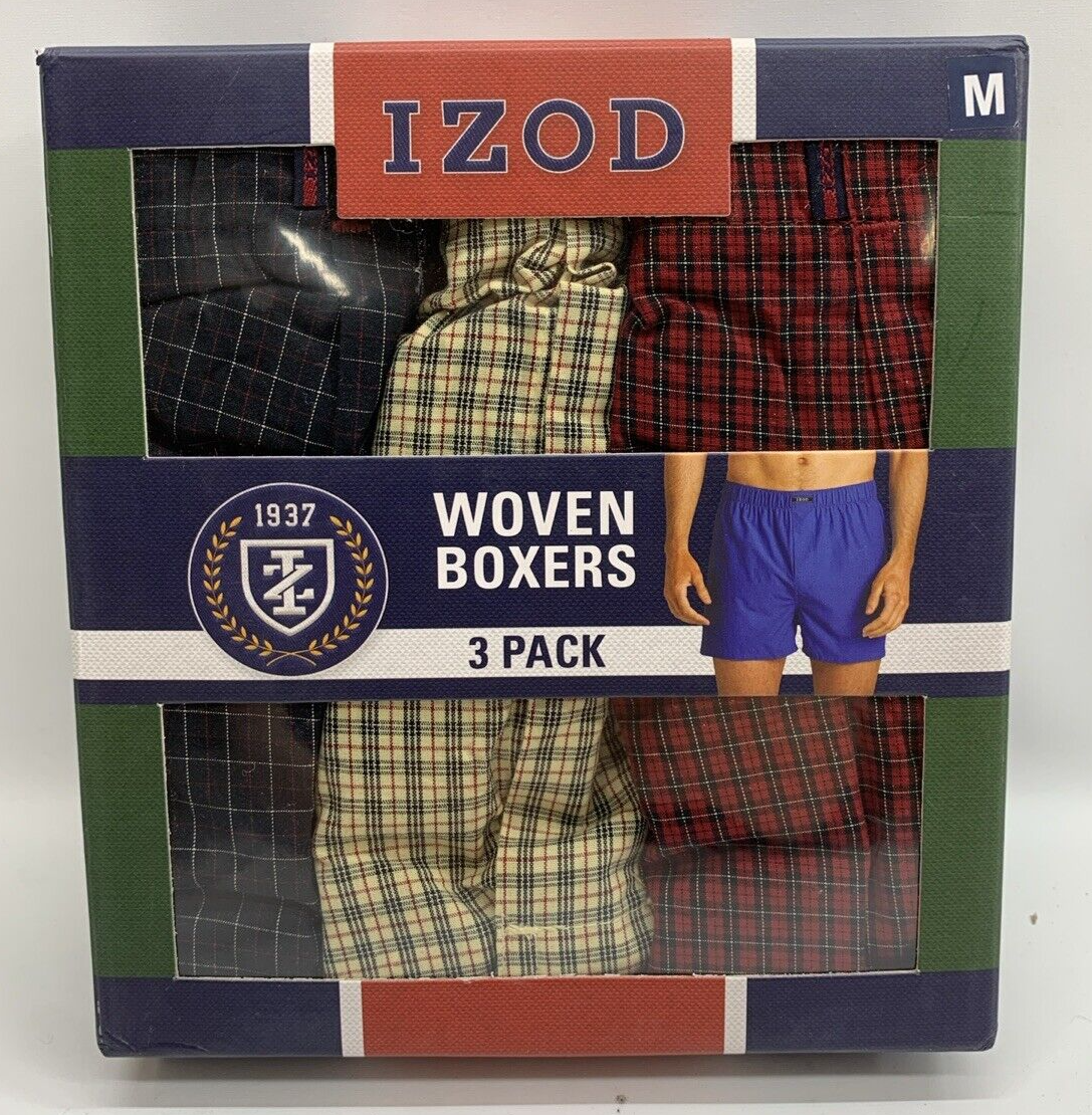 Men's IZOD Red Blue Ivory Relaxed Fit Cotton Woven Boxers Short Medium - 3 Pack