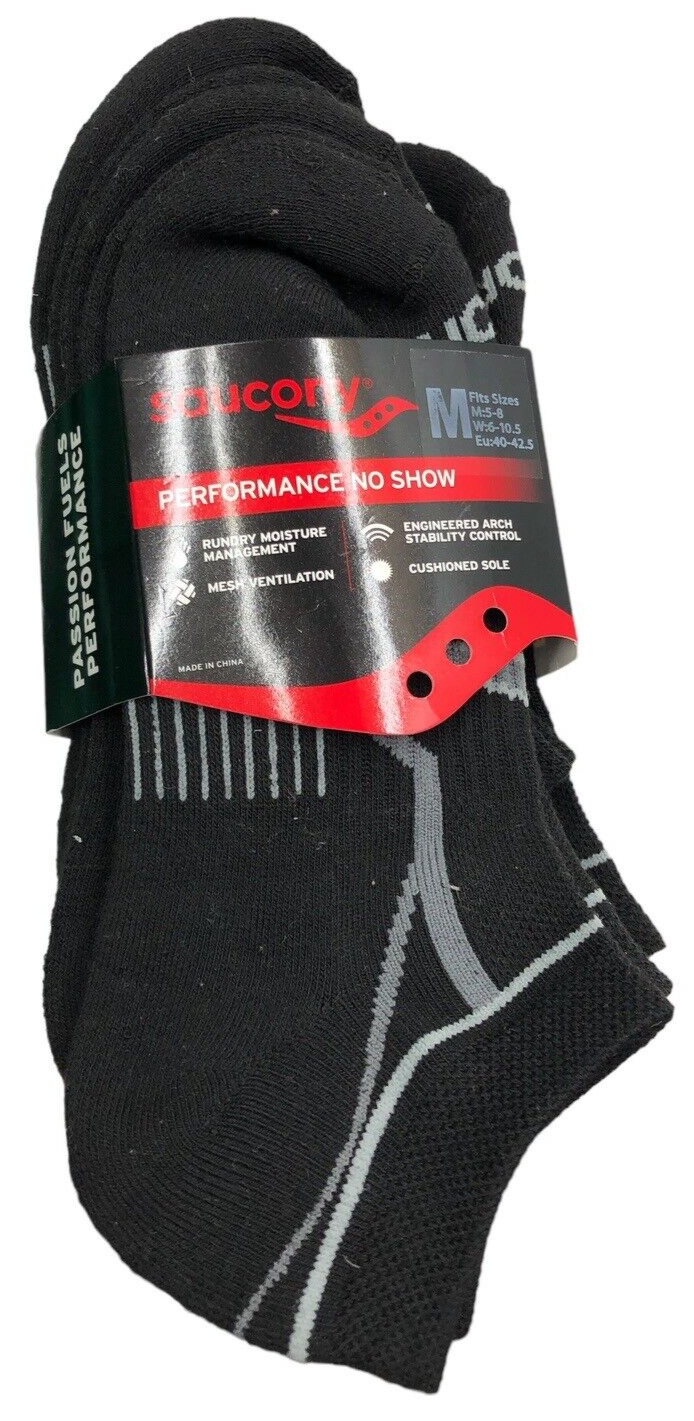 Saucony Performance No-Show Socks Men (5-8) Women (6-10.5) Black E08680M 4 Pack