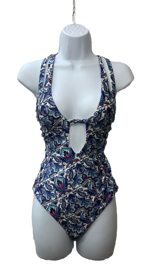 BECCA by Rebecca Virtue One-Piece Size M Blue Print Play Boheme Cutout 081476JD