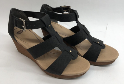 DR SCHOLLS Womens Black Snake 1" Platform Barton Wedge Gladiator Sandles 8 M